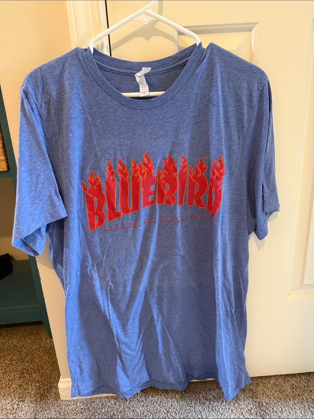 Bella Canvas Blue Tee with Red Flame 'BLUEBIRD' Graphic